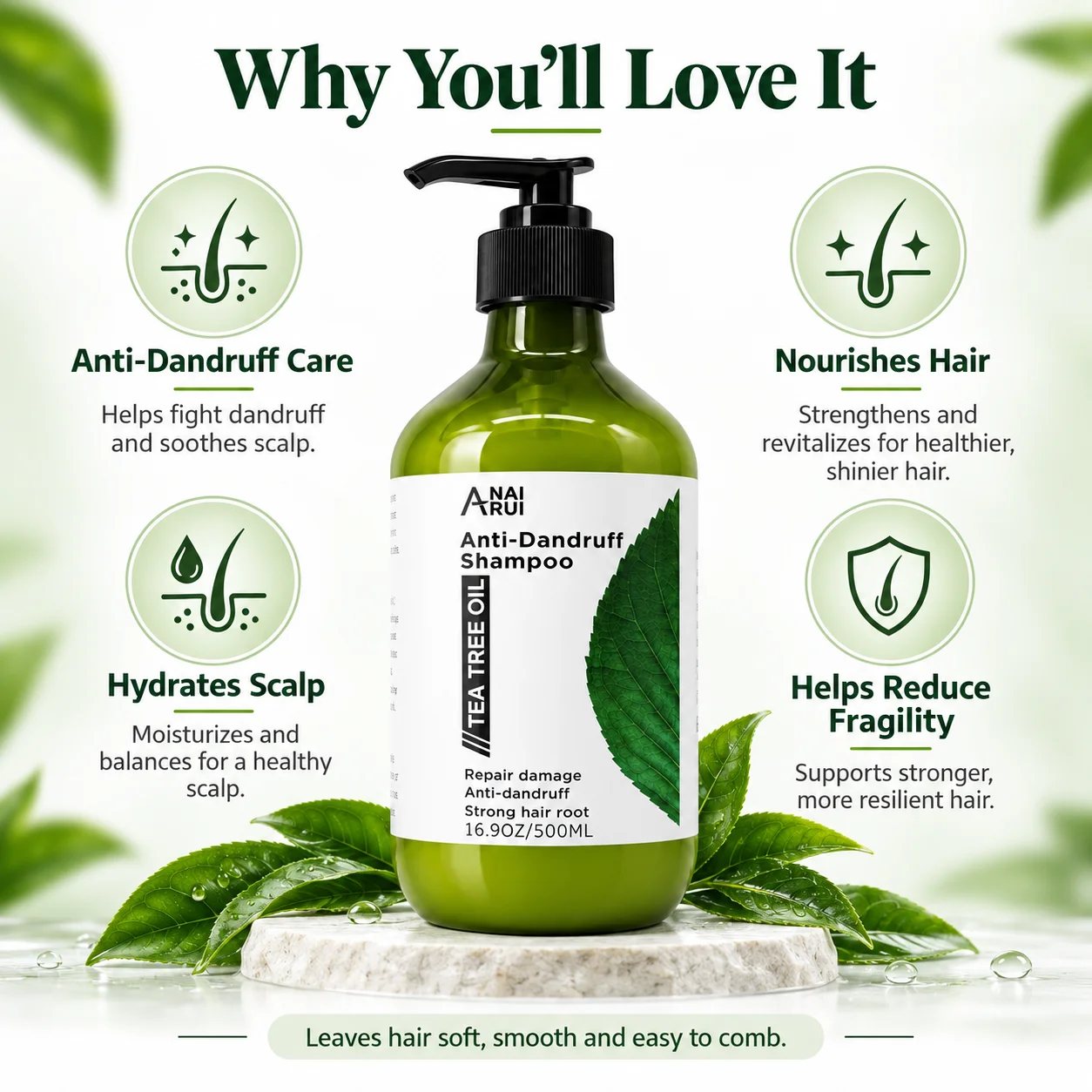 Green bottle of anti-dandruff shampoo with tea tree oil on a marble surface, surrounded by fresh leaves and text detailing its benefits such as anti-dandruff care, scalp hydration, hair nourishment, and reduced fragility.